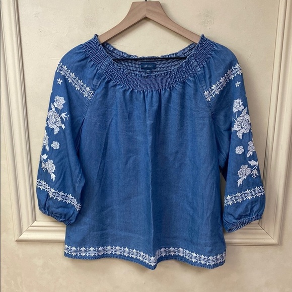 J. Jill 3/4 Sleeve Lightweight Lyocell Denim Peasant Top - Size Small Petite - Picture 3 of 6